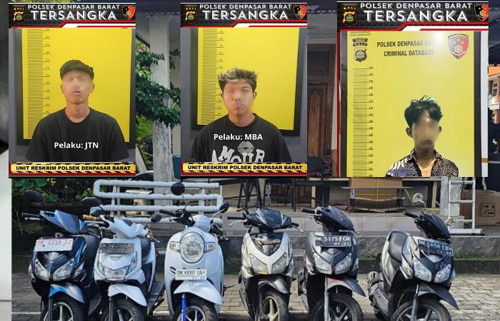 Tiga pelaku curanmor yang masih ABG masing-masing inisial AMIN, BLZ, dan JNT diamankan polisi bersama barang bukti di Polsek Denpasar Barat.