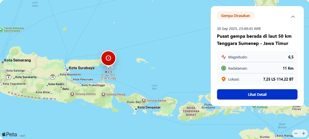 GEMPA BUMI: Titik gempabumi yang mengguncang Kabupaten Buleleng, Bali, pada Rabu (1/10/2025) dini hari.