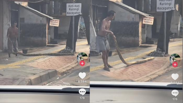 Seorang pria di Jakarta Timur nekat bentangkan ular piton untuk halangi pengguna sepeda motor yang naik ke trotoar, viral di media sosial.
