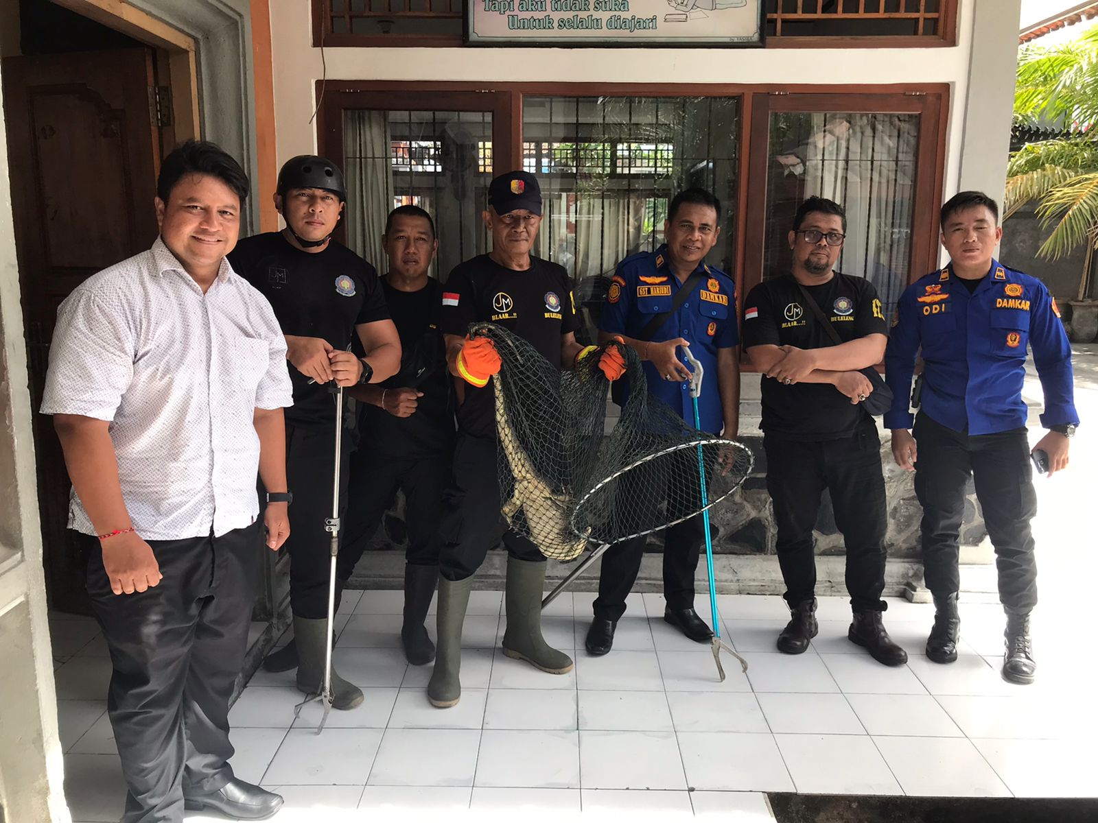 EVAKUASI: Petugas Dinas Damkar Buleleng usai berhasil mengevakuasi biawak di SMKS PGRI 1 Singaraja.