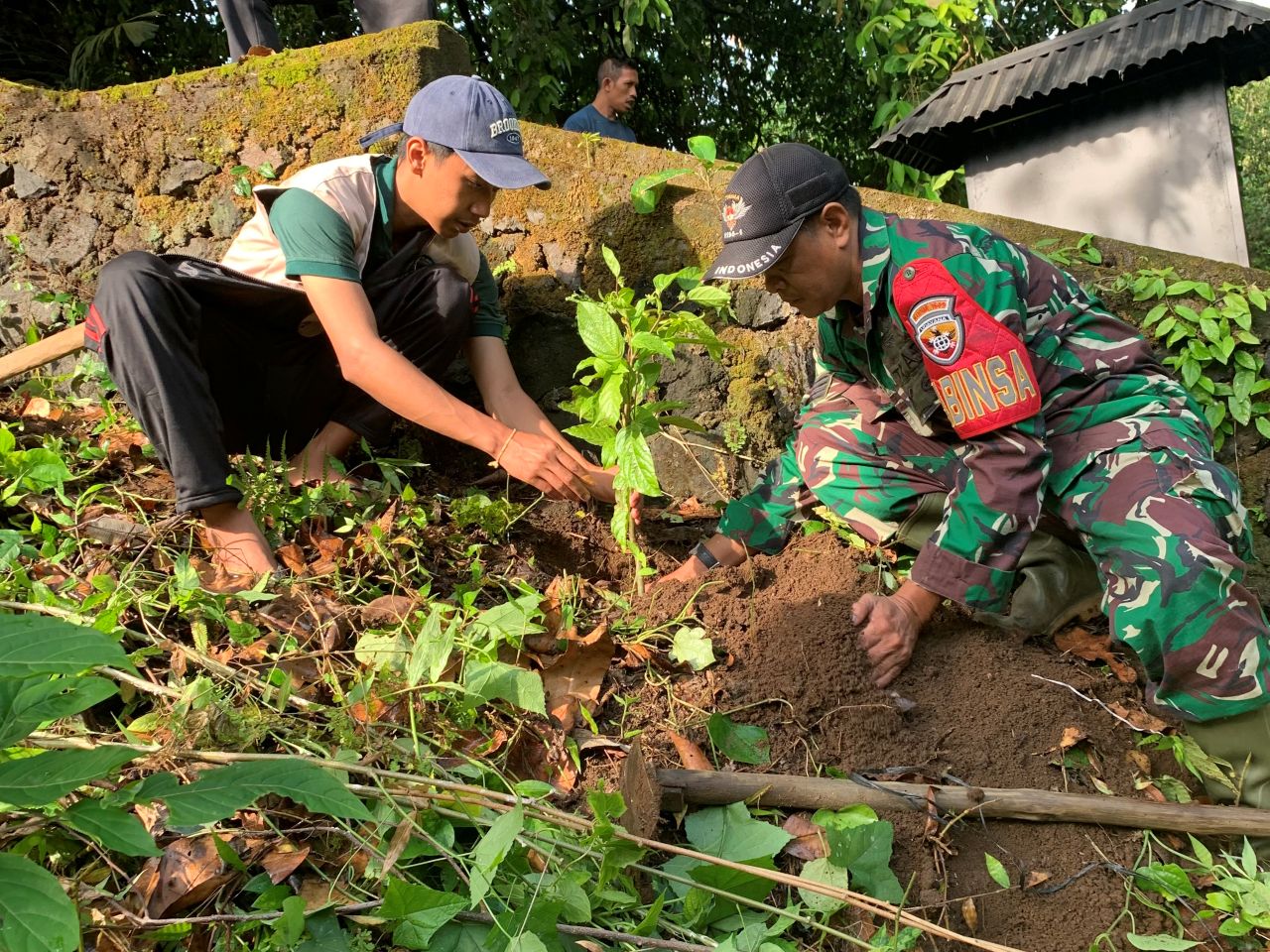 TANAM POHON: Mahasiswa Institut Mpu Kuturan Singaraja (kiri) melakukan aksi penaman pohon di Desa Silangjana.