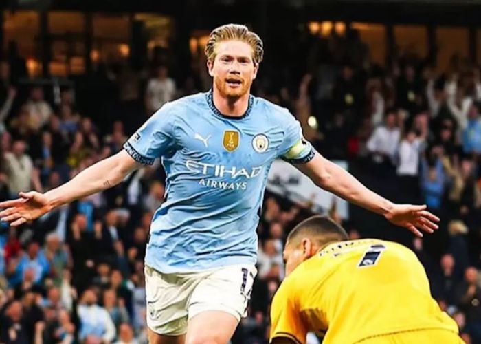 Kevin De Bruyne merayakan gol sebelum mengalami cedera otot paha dalam laga kontra Inter Milan.