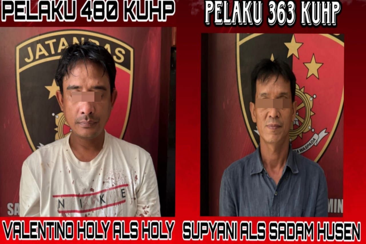 Sadam Husien (kanan) dan kawannya Valentino Holy alias Holy (kiri) yang nyolong MacBook serta kamera maha milik WNA Prancis di Villa Pererenan, Mengwi, Badung.