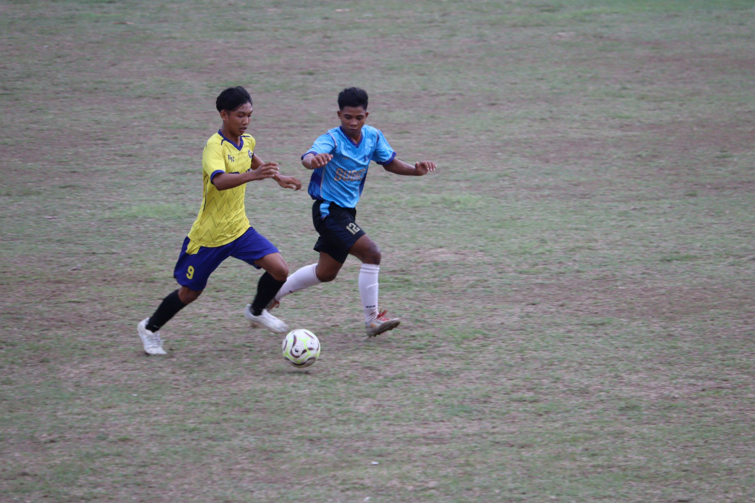 KETAT: Pemain Tunas Muda Celukan Bawang (kuning) mengawal bola agar tidak direbut dari pemain Satria Tunas Jaya Sudaji (biru).
