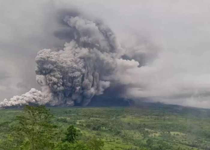 Erupsi Gunung Semeru kembali memuntahkan kolom abu pekat, menyelimuti area di sekitarnya.