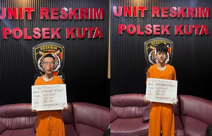 JAMBRET TURIS: Tersangka I Kadek Riko (kiri) dan Komang Risky (kanan) tertangkap polisi usai menjambret perhiasan wisatawan India di Seminyak.
