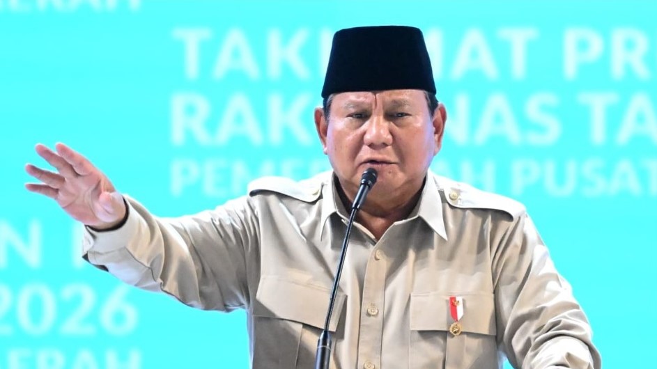 SOROTI BALI: Presiden RI, Prabowo Subianto saat menyampaikan pidato dalam acara Rakornas Pemerintah Pusat dan Daerah di Sentul, Bogor. Ia sempat menyoroti Bali terkait masalah sampah.