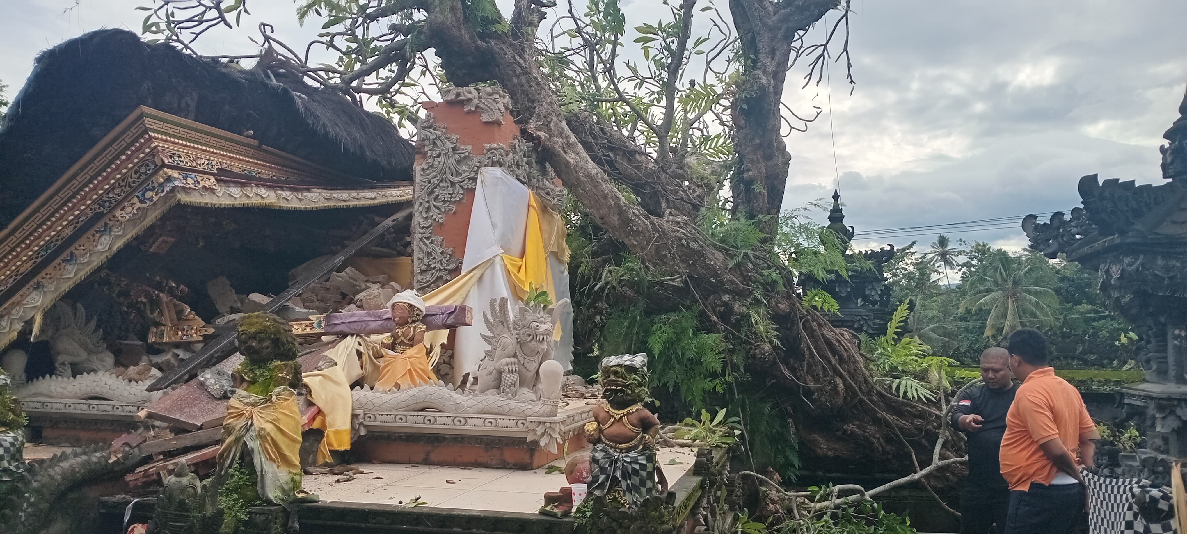 RUSAK PARAH: Pohon kamboja tumbang menimpa pelinggih di Pura Dalem Desa Adat Pegadungan.