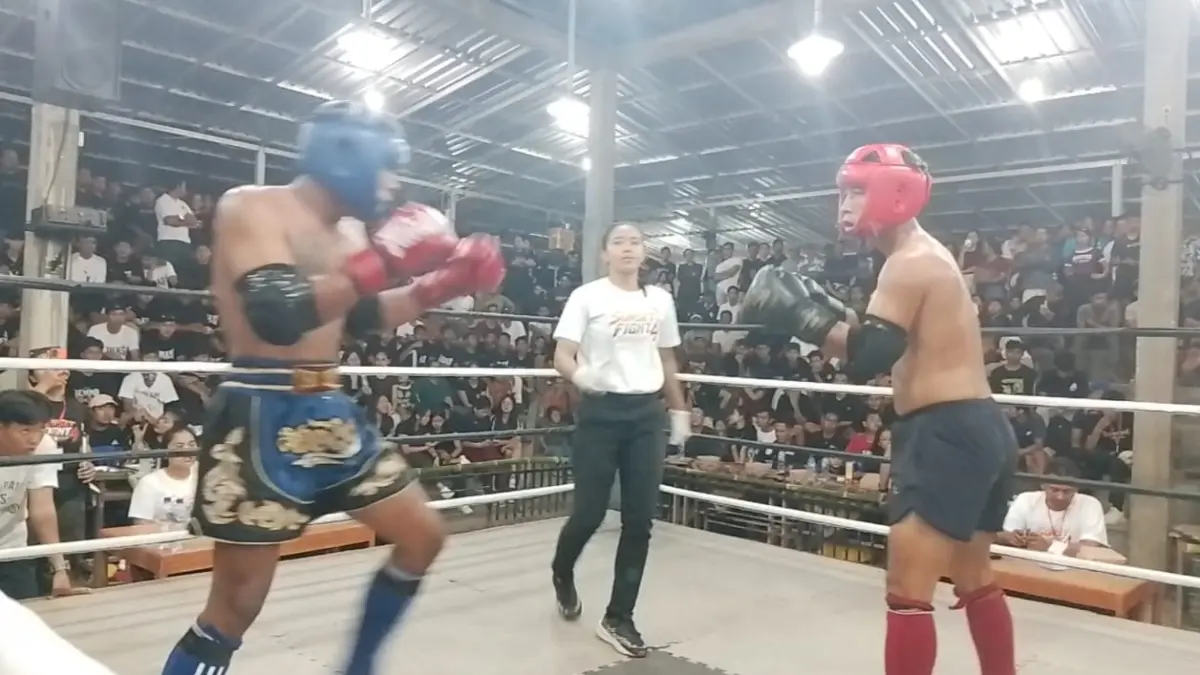 PETARUNG: Suasana pertandingan Sunset Fight Vol. 4 di Desa Musi, Buleleng. (Muaythai Buleleng)