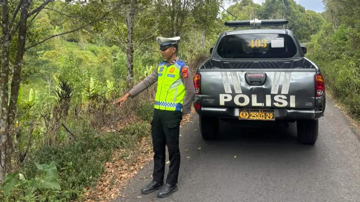 CEK TKP: Aparat kepolisian di Polsek Banjar melakukan pengecekan TKP lokasi kecelakaan mobil yang terperosok ke area perkebunan warga di Desa Tigawasa, Kecamatan Banjar, Buleleng. (Polres Buleleng)