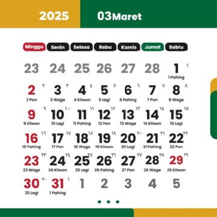 Kalender bulan Maret 2025