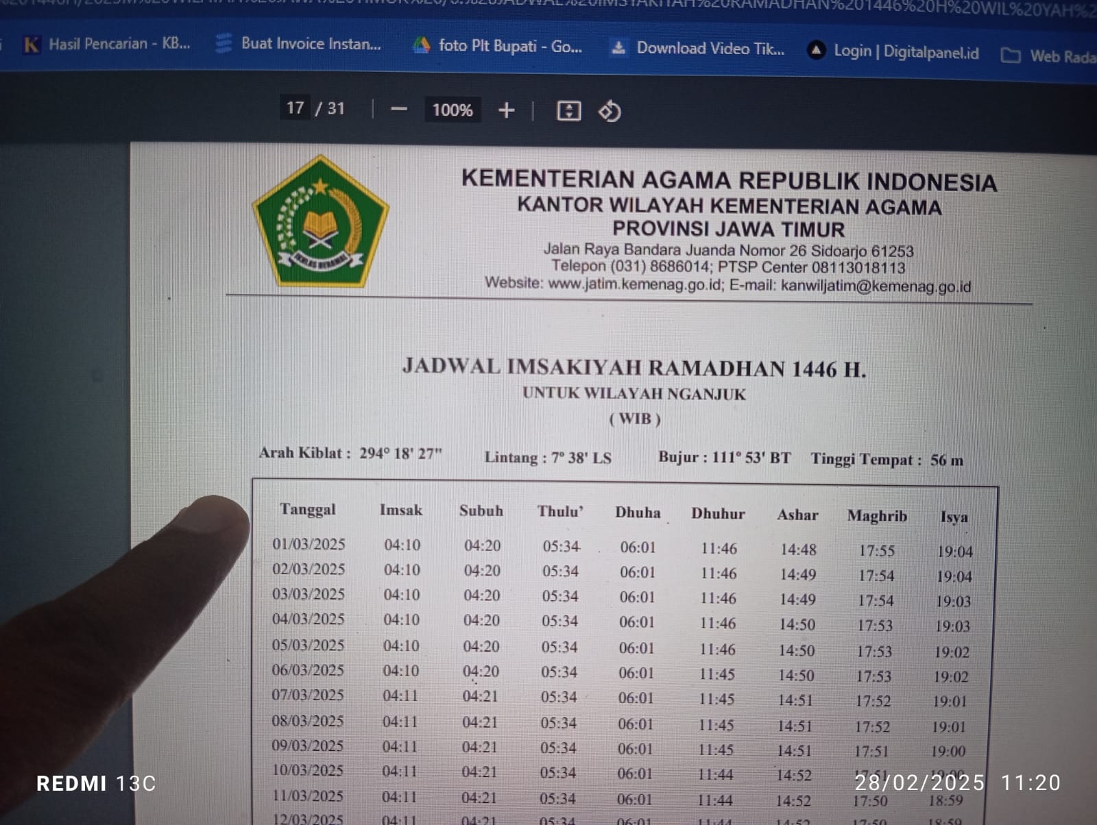 Jadwal Imsakiyah Ramadhan 1446 H. Untuk Wilayah Nganjuk