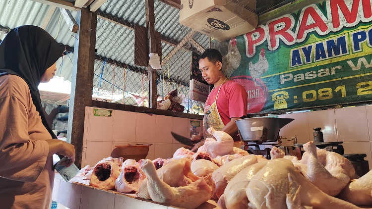 Awal Ramadan 1446 H, harga daging ayam di Pasar Wage Nganjuk mengalami kenaikan. Jika sebelumnya per kilogram dibanderol dengan harga Rp 33 ribu, kemarin menjadi Rp 36 ribu per kilogram.