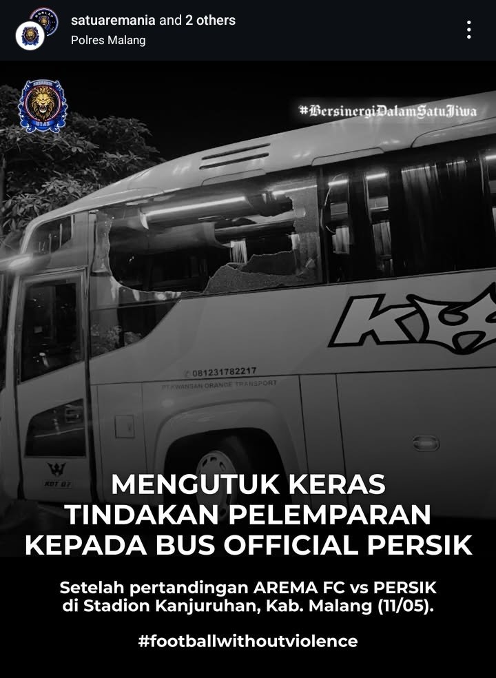 Aremania Mengutuk Keras Tindakan Kekerasan terhadap Bus Persik Pasca-Pertandingan