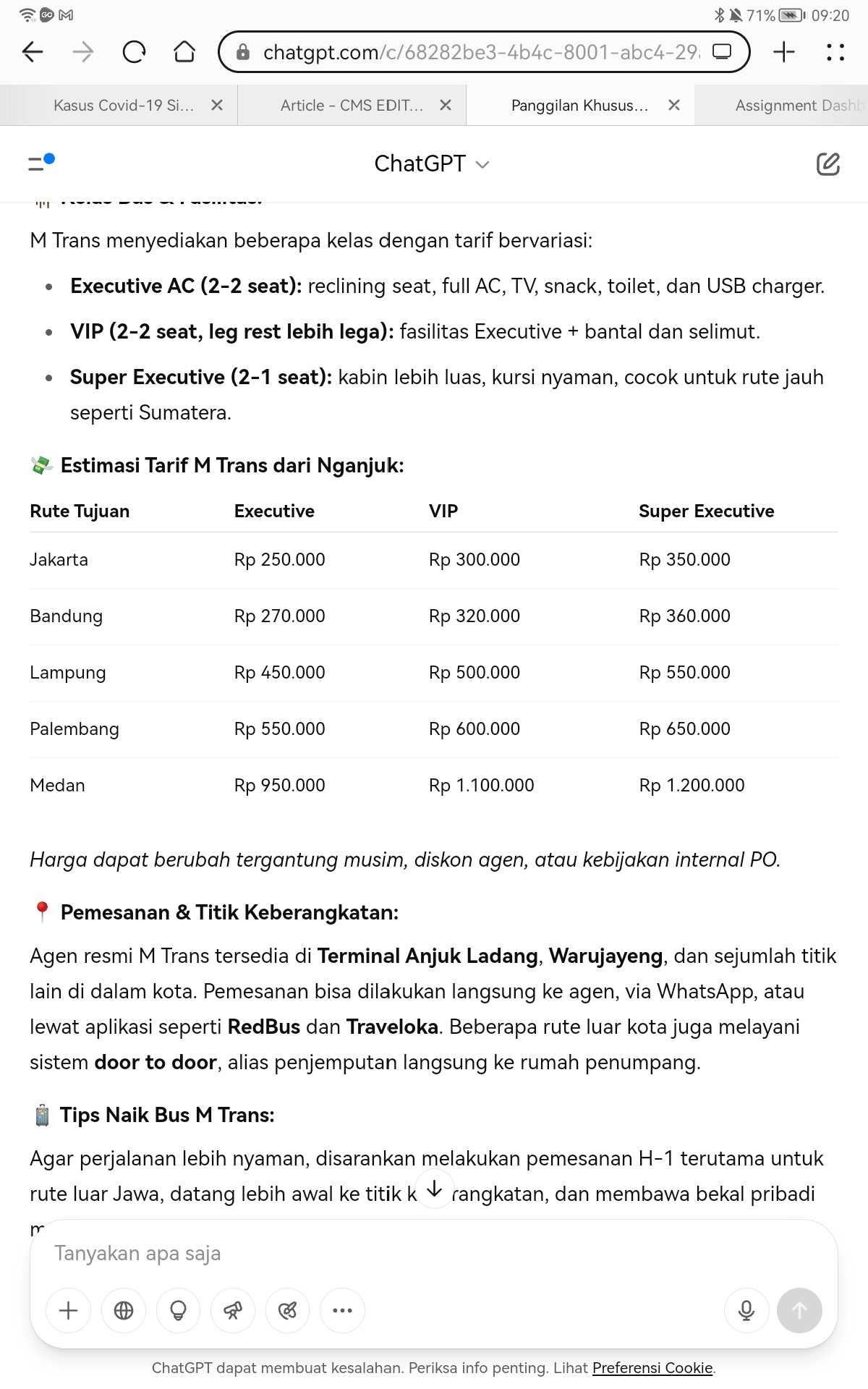 Tarif M Trans