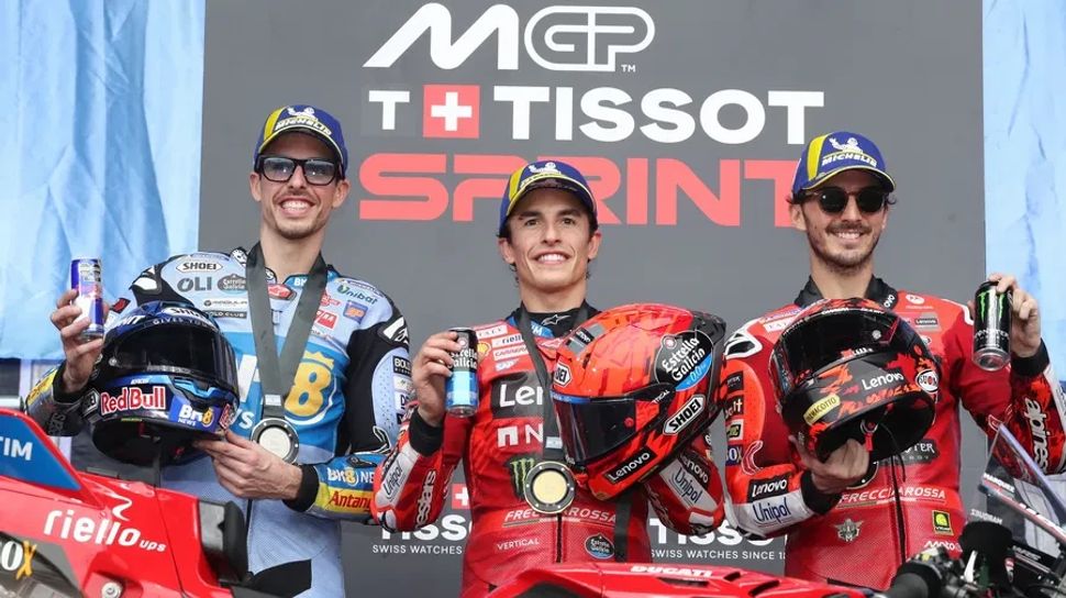 Dari kiri: Alex Marquez, Marc Marquez, dan Francesco Bagnaia