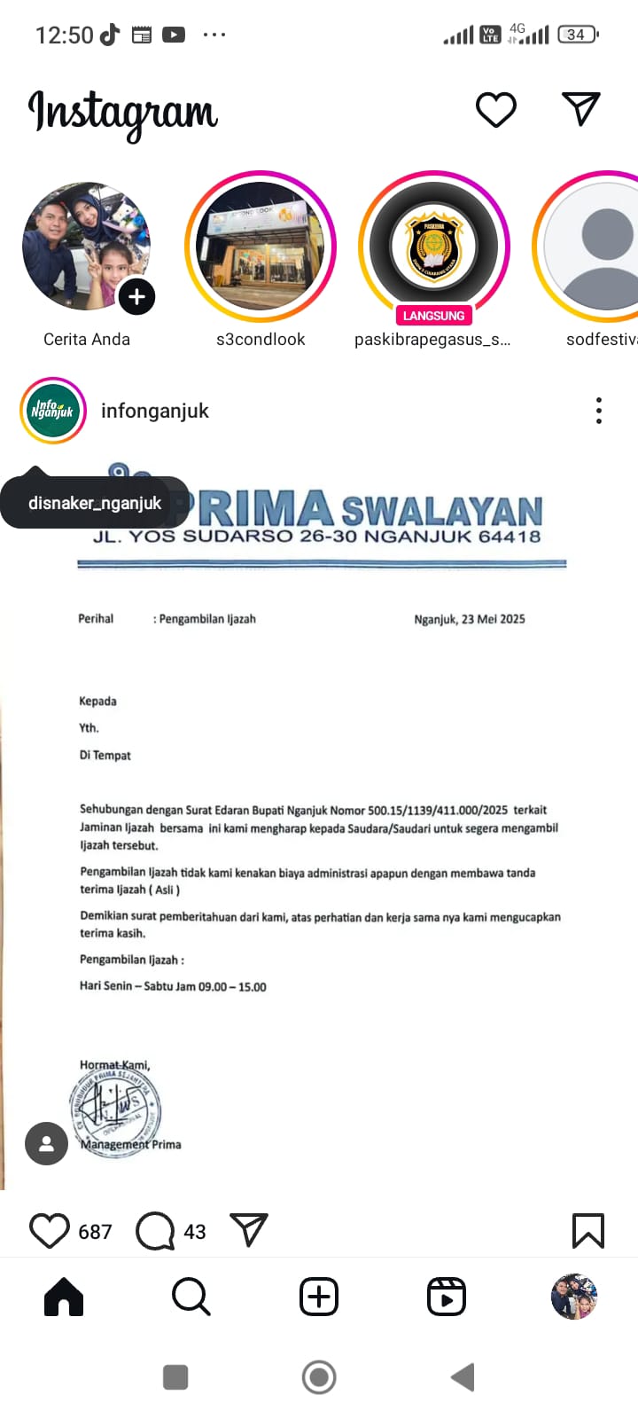 Postingan Instagram Prima Swalayan tentang Pengembalian Ijazah Karyawan