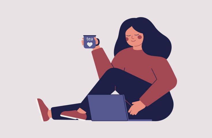 Ilustrasi seseorang sedang mengerjakan sesuatu dengan menikmati secangkir teh.