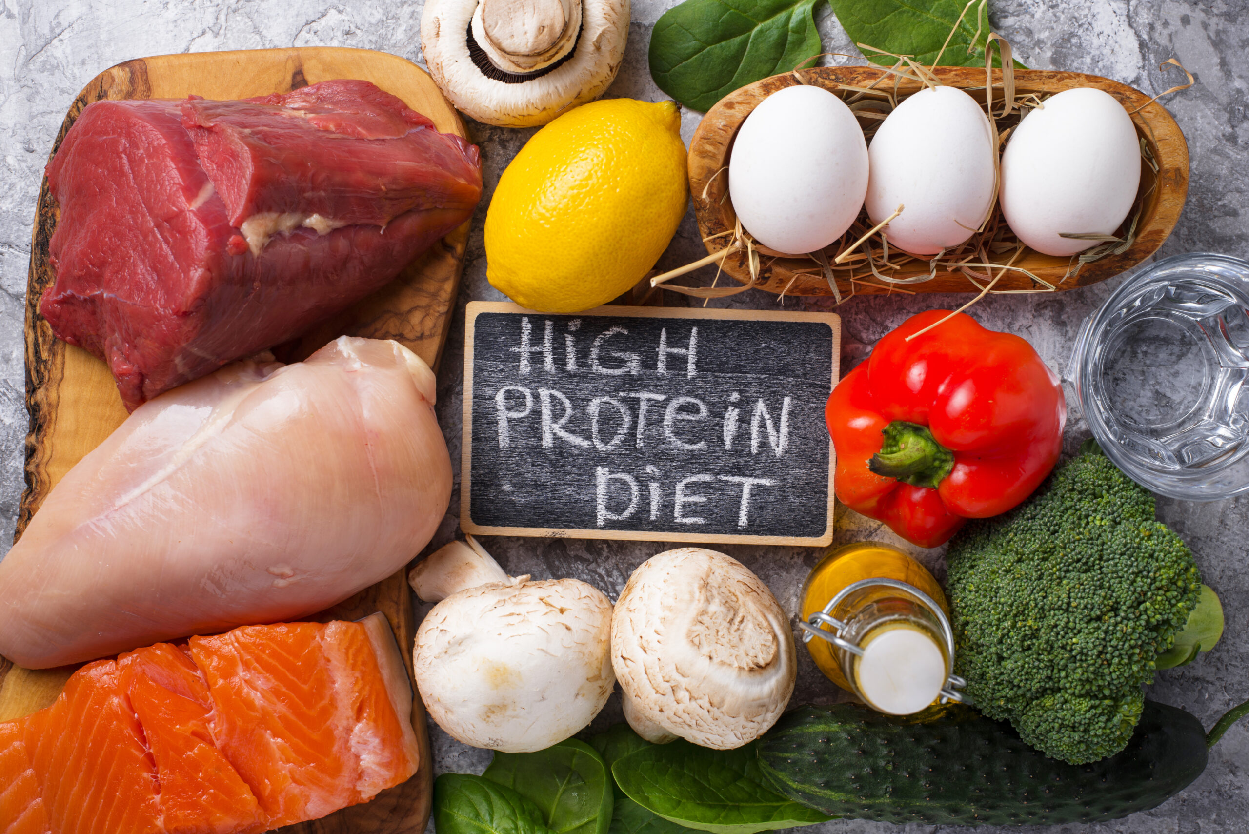 Product assortment for high protein diet. Healthy food