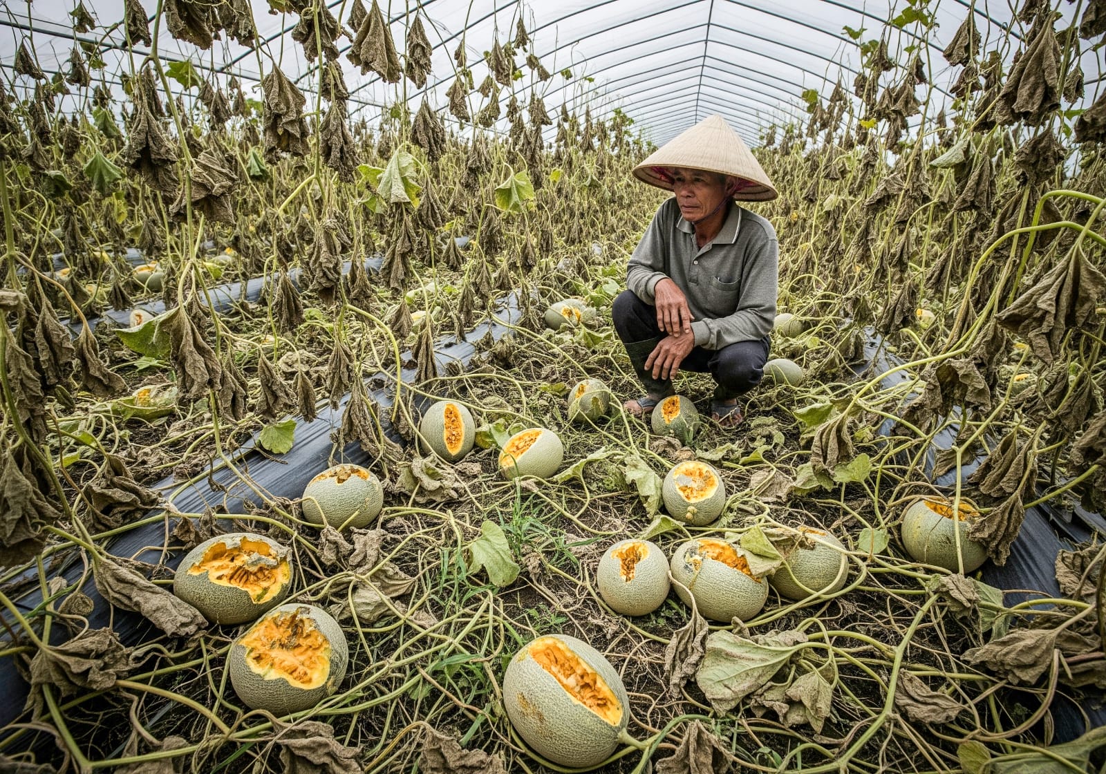 Petani menunjukkan panenan melon mereka yang produksinya tidak maksimal karena faktor cuaca dan serangan virus.