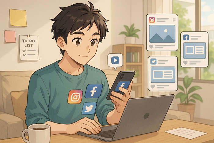 Ilustrasi Orang WFH Social Media Assistant by Sora AI