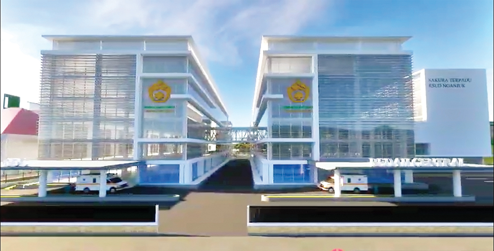 GEDUNG MEGAH: Desain bangunan RSUD Nganjuk yang akan dibangun di Gedung Juang 45 Nganjuk sudah disiapkan.