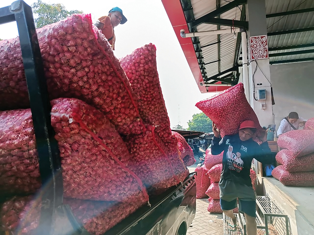 PANEN RAYA: Stok brambang di Pasar Sukomro melimpah.
