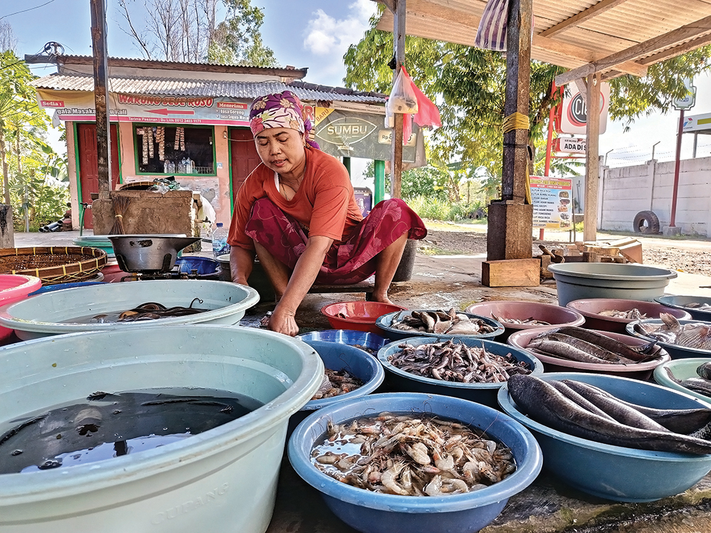 OMZET ANJLOK: Penjual ikan segar di sekitar Bendungan Baduk resah karena sepi pembeli.