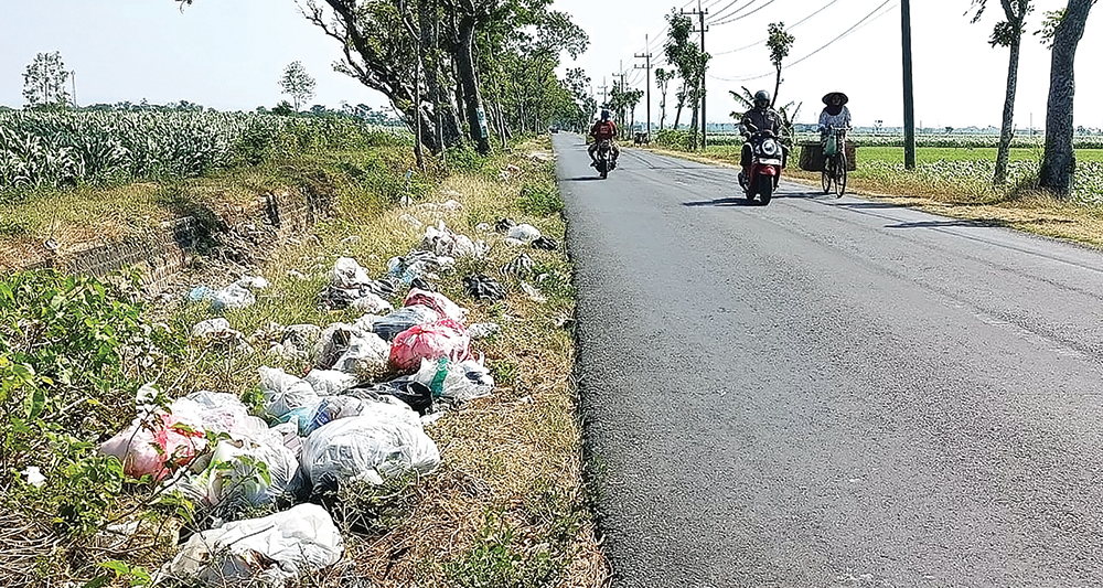 KUMUH: Sampah berserakan di tepi Jalan Desa Kepanjen, Pace kemarin. Sampah tersebut diduga berasal dari luar desa.