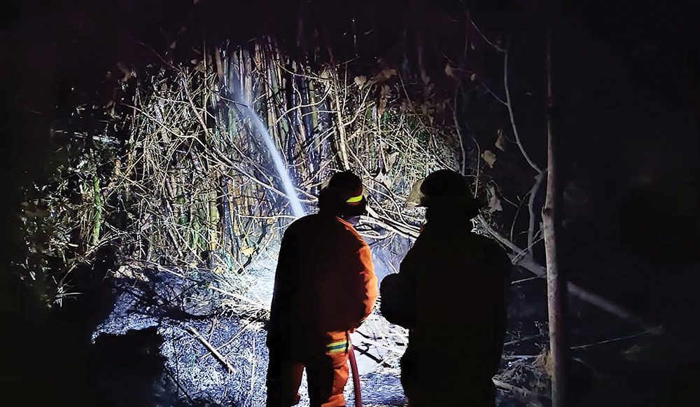 PADAMKAN API: Petugas Damkarmat menyemprot si jago merah yang melalap rumpun bambu di Pace Wetan, Pace.