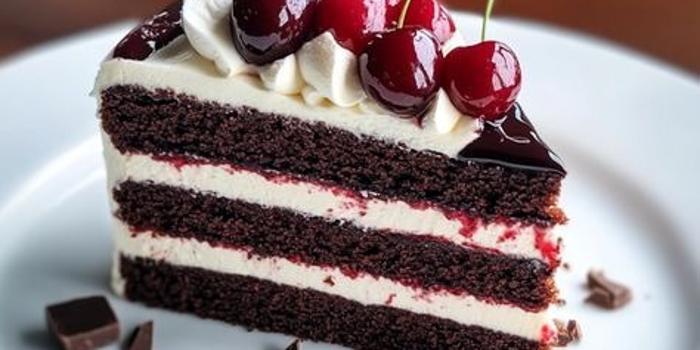 Lapisan cokelat lembut, krim manis, dan ceri segar berpadu sempurna dalam Schwarzw&auml;lder Kirschtorte, si Black Forest asli dari Jerman.