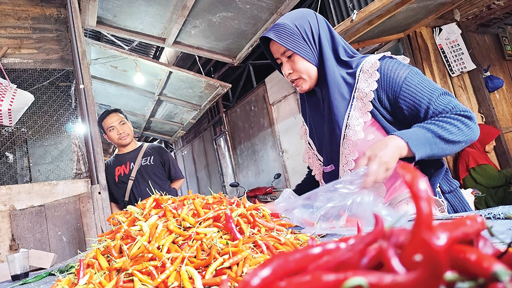BEDA HARGA: Pembeli memilih cabai rawit dan cabai merah. Harga cabai merah melonjak tapi harga cabai rawit anjlok di Pasar Wage Nganjuk kemarin.