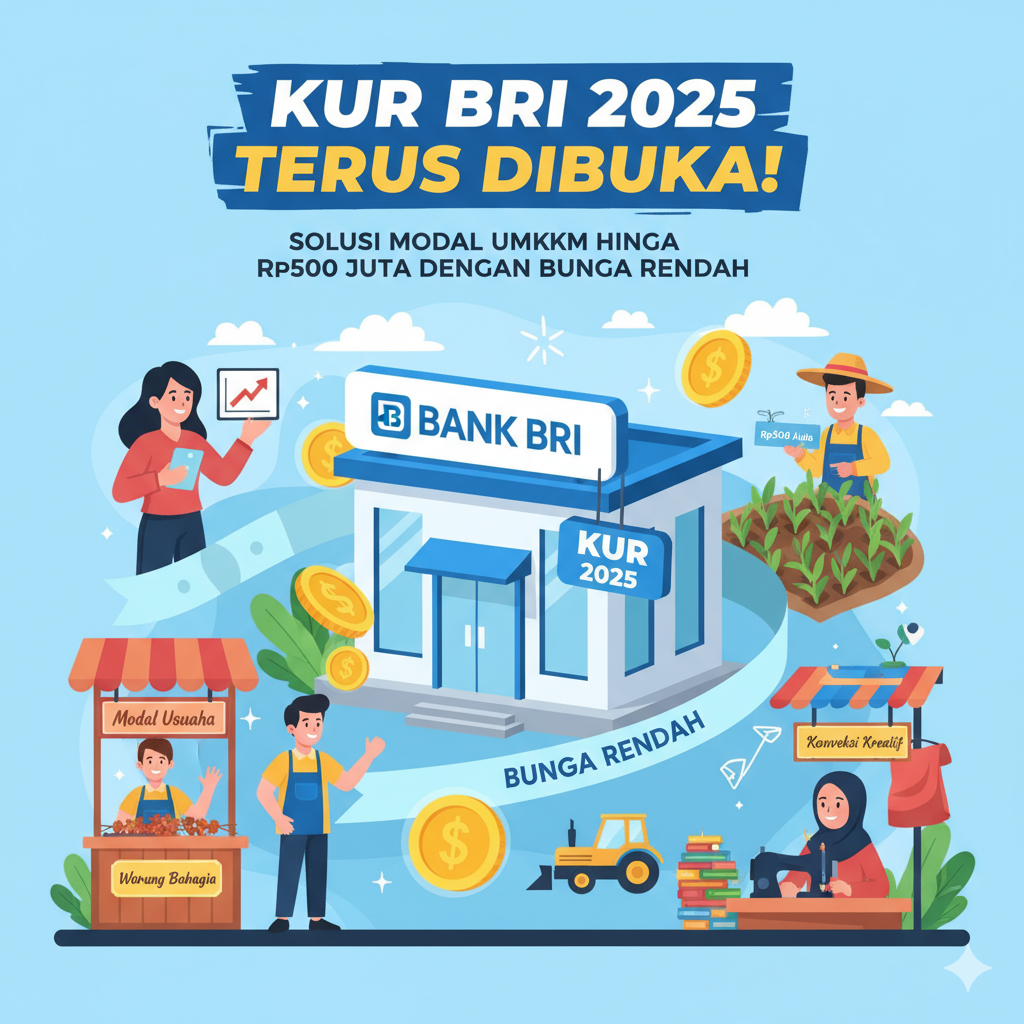 Buatkan ilustrasi tentang KUR BRI 2025 Terus Dibuka: Solusi Modal UMKM Hingga Rp500 Juta dengan Bunga Rendah