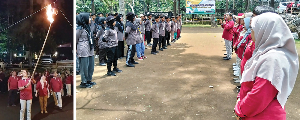KEMAH LITERASI: Siswa SMP di Kabupaten Nganjuk mengikuti Kemah Literasi di Jolotundo. Kadisdik Nganjuk Puguh Harnoto menyalakan api unggun.