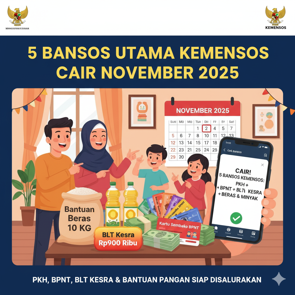 Ilustrasi 5 BANSOS UTAMA KEMENSOS CAIR NOVEMBER 2025: PKH, BPNT, BLT Kesra, hingga Bantuan Beras Siap Disalurkan