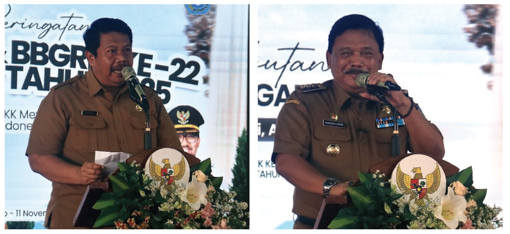 SAMBUTAN: Kepala DPMD Sopingi dan Bupati Marhaen Djumadi saat Peringatan HKG PKK Ke-53 dan BBGRM Ke-22.