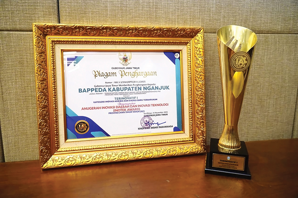 MEMBANGGAKAN: Piala dan penghargaan INOTEK Award Provinsi Jawa Timur 2025 untuk Bappeda Nganjuk atas inovasi kulit nanas.