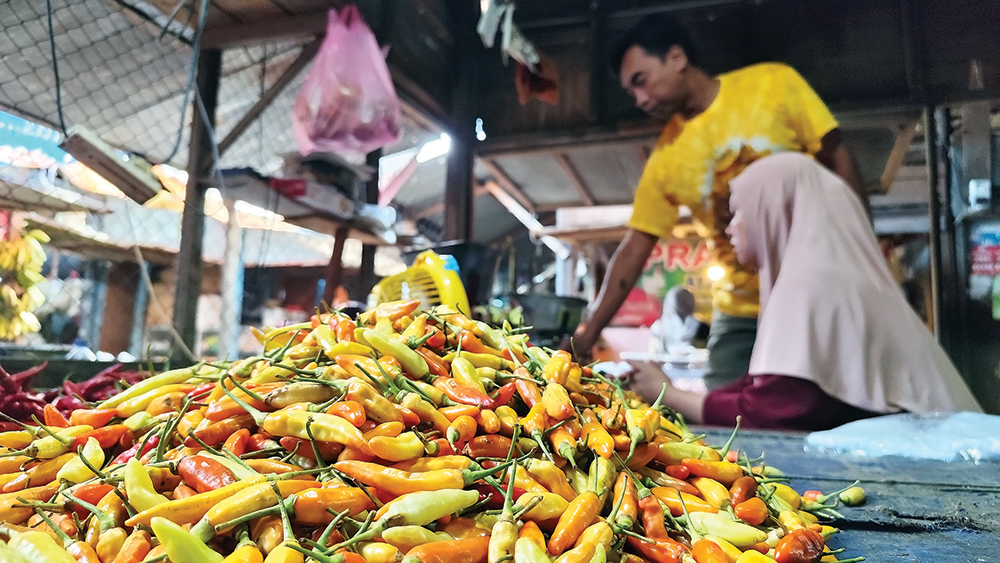 HARGA MAHAL: Cabai rawit yang belum merah sempurna dijual di Pasar Wage Nganjuk karena harga melonjak.