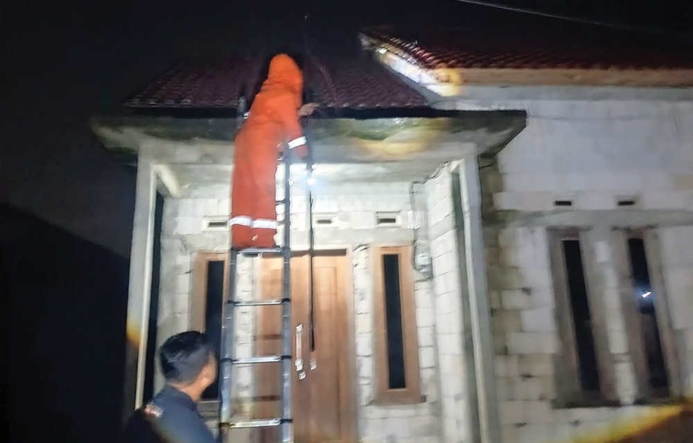 BERBAHAYA: Petugas Damkarmat Nganjuk mengevakuasi sarang tawon di atap rumah warga Ngronggot kemarin malam.