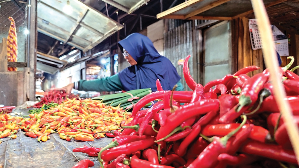 TURUN HARGA: Harga cabai di Pasar Wage Nganjuk anjlok kemarin. Satu kilogram dijual hanya Rp 60 ribu di tingkat eceran.