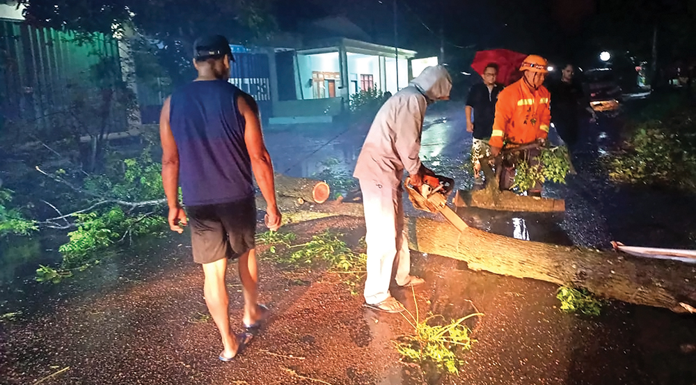 POHON TUMBANG: Petugas Damkarmat Nganjuk memotong pohon yang roboh karena diterjang angin kencang di Lengkong.