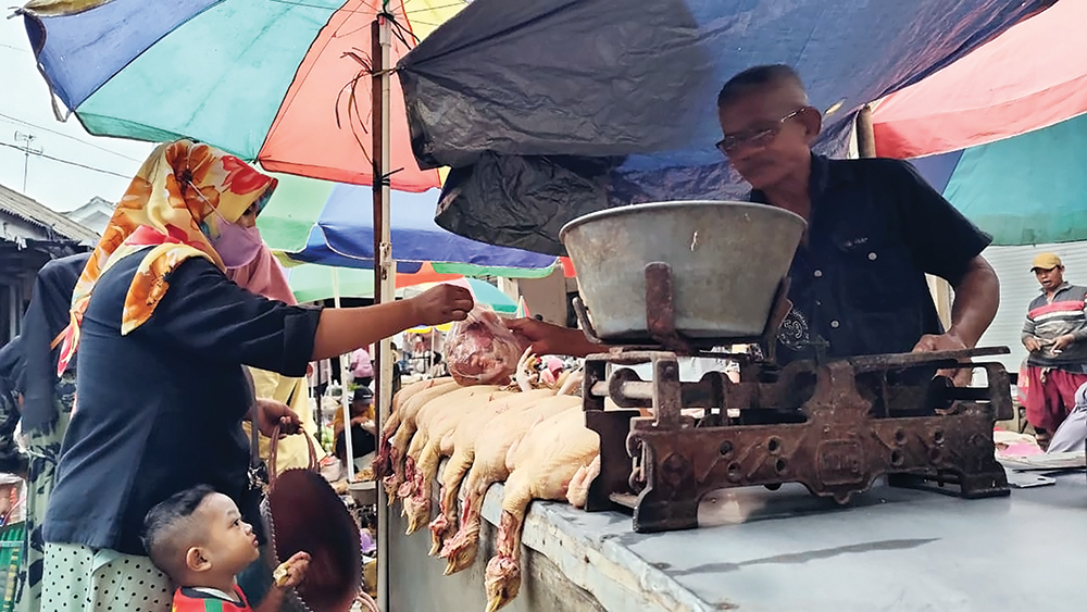 MAHAL: Pedagang ayam di Pasar Berbek melayani pembeli. Harga ayam tembus Rp 42 ribu per kilogram.