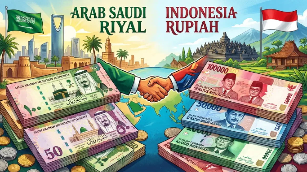 Uang Riyal Arab Saudi dan Rupiah Indonesia.