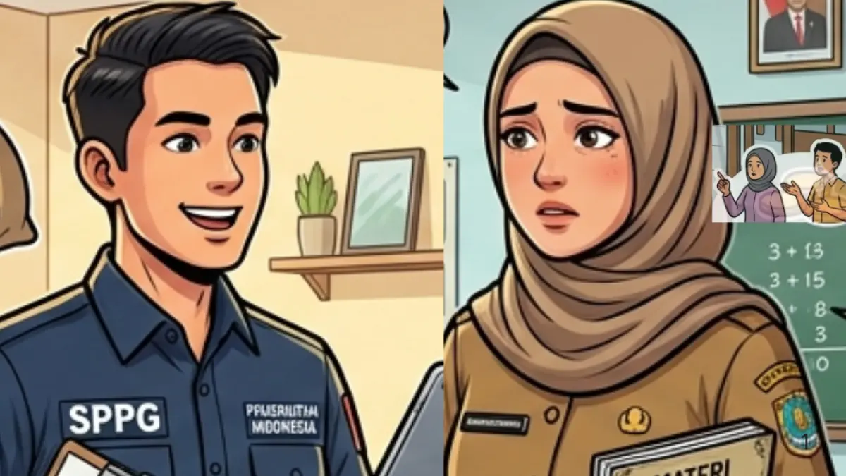 Ilustrasi pegawai SPPG dan guru. (Gemini AI)