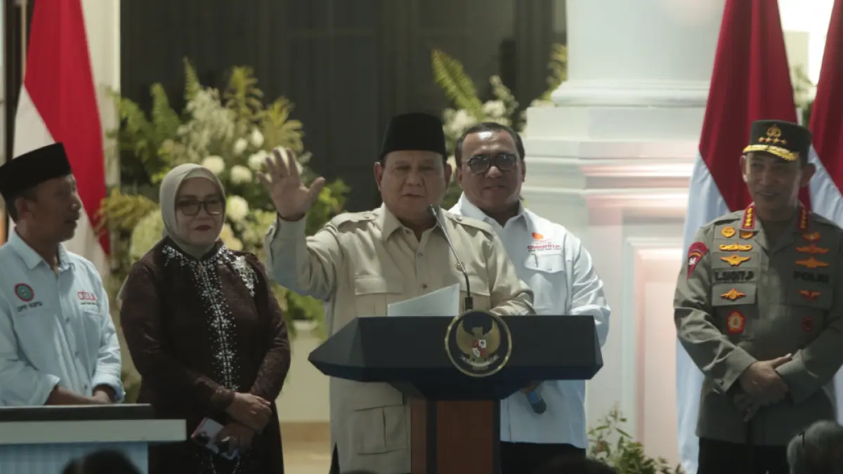 Presiden Prabowo Subianto saat berpidato di Kabupaten Nganjuk. 