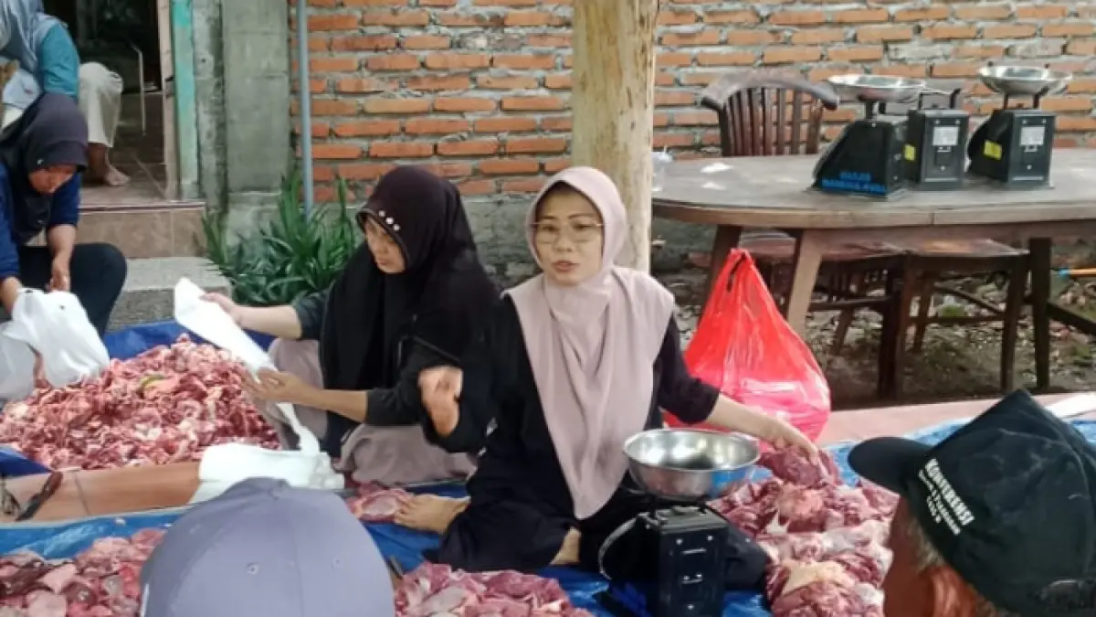 Anggota Fraksi PKB Nganjuk Juwariyah saat memilah hewan kurban di dapilnya Wilangan. 