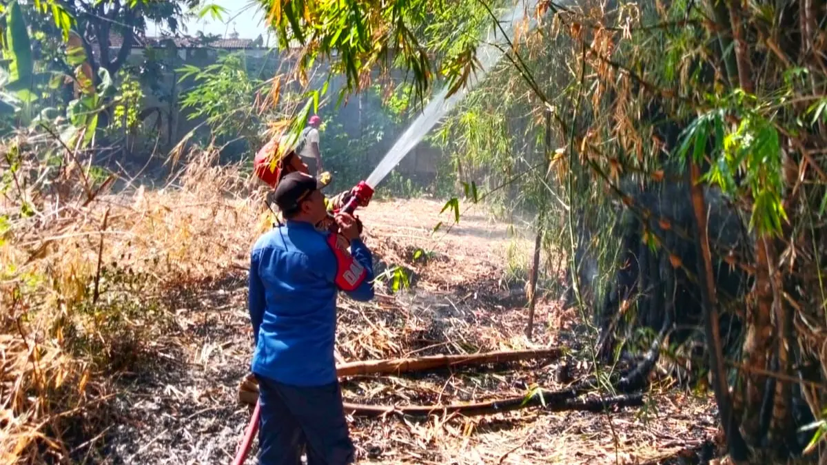 Petugas Damkarmat melakukan penyemprotan untuk melokalisasi api agar tidak menjalar ke lahan maupun bangunan di sekitarnya.