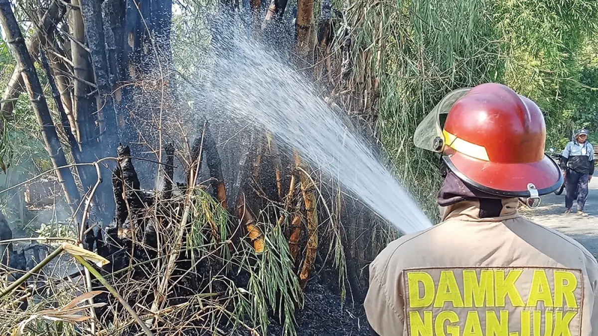 GEMPAR: Petugas Damkarmat Nganjuk memadamkan api yang melalap rumpun bambu di Desa Balongjeruk, Kecamatan Berbek. (novanda nirwana/jprk)