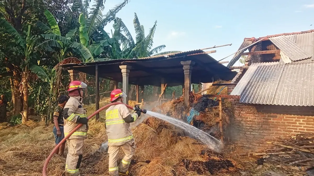 TERBAKAR: Petugas Damkarmat Nganjuk menyemprotkan air ke tumpukan jerami yang dilalap si jago merah. novanda nirwana/ jprk