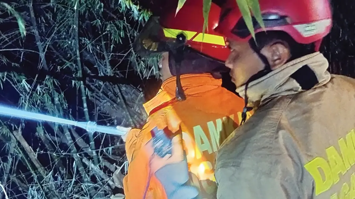 GEMPARKAN WARGA: Petugas Damkarmat Nganjuk memadamkan api yang melalap rumpun bambu. (Damkarmat untuk JP Radar Nganjuk)